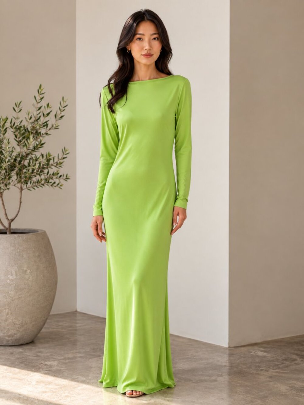 Vintage HALSTON IV Dorian Lime Green Long Sleeved Boat Neck Column Maxi Dress